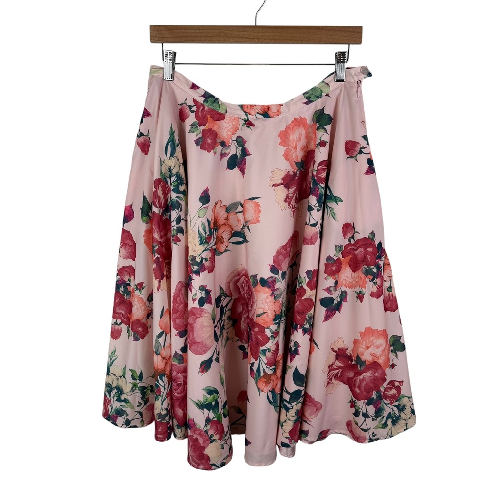 ModCloth Pink Floral Rose Print Midi Skirt Large Feminine Cottage Coquette Flowy